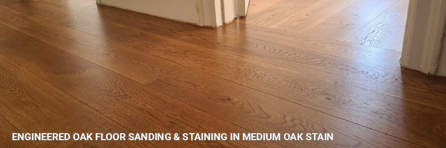 Engineered Oak Flooring Sanding And Finishing With Medium Oak Stain 1 in stamford-hill