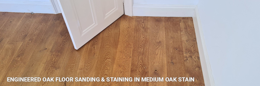 Engineered Oak Flooring Sanding And Finishing With Medium Oak Stain 2 in herne-hill