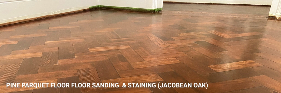 Pine Parquet Floor Sanding Staining Jacobean Oak in southall