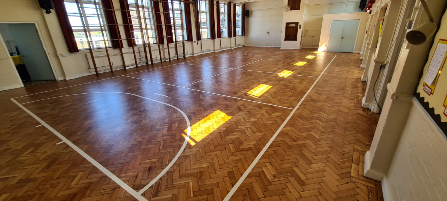 Parquet Flooring Restoration & Sport Lines Application at Oak Farm Primary