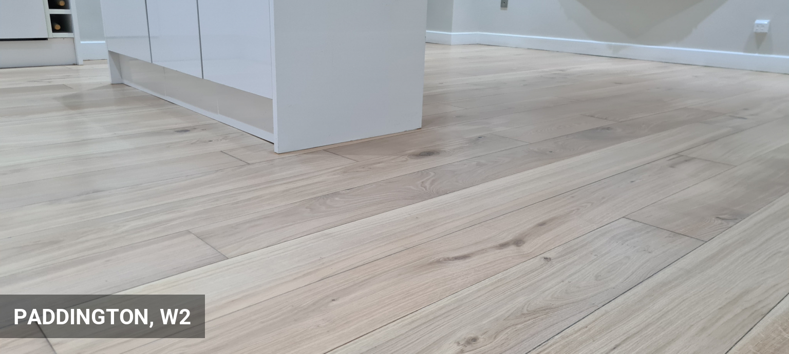 Sanding & Staining Engineered Oak Flooring in Whitewash Finish in Paddington, W2