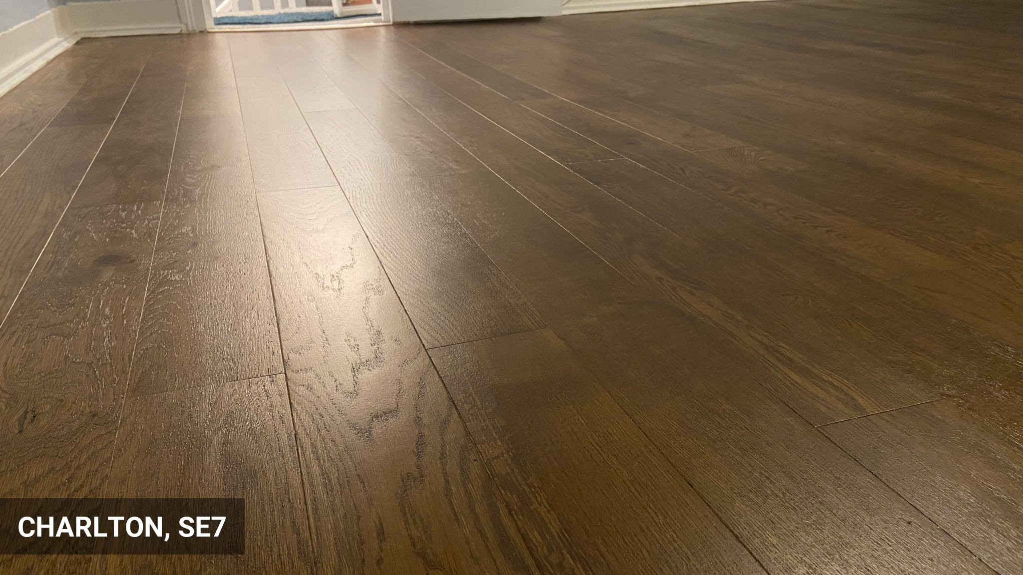 Restoration of Oak Flooring Finished in Matt Lacquer & Dark Oak Stain in Charlton, SE7