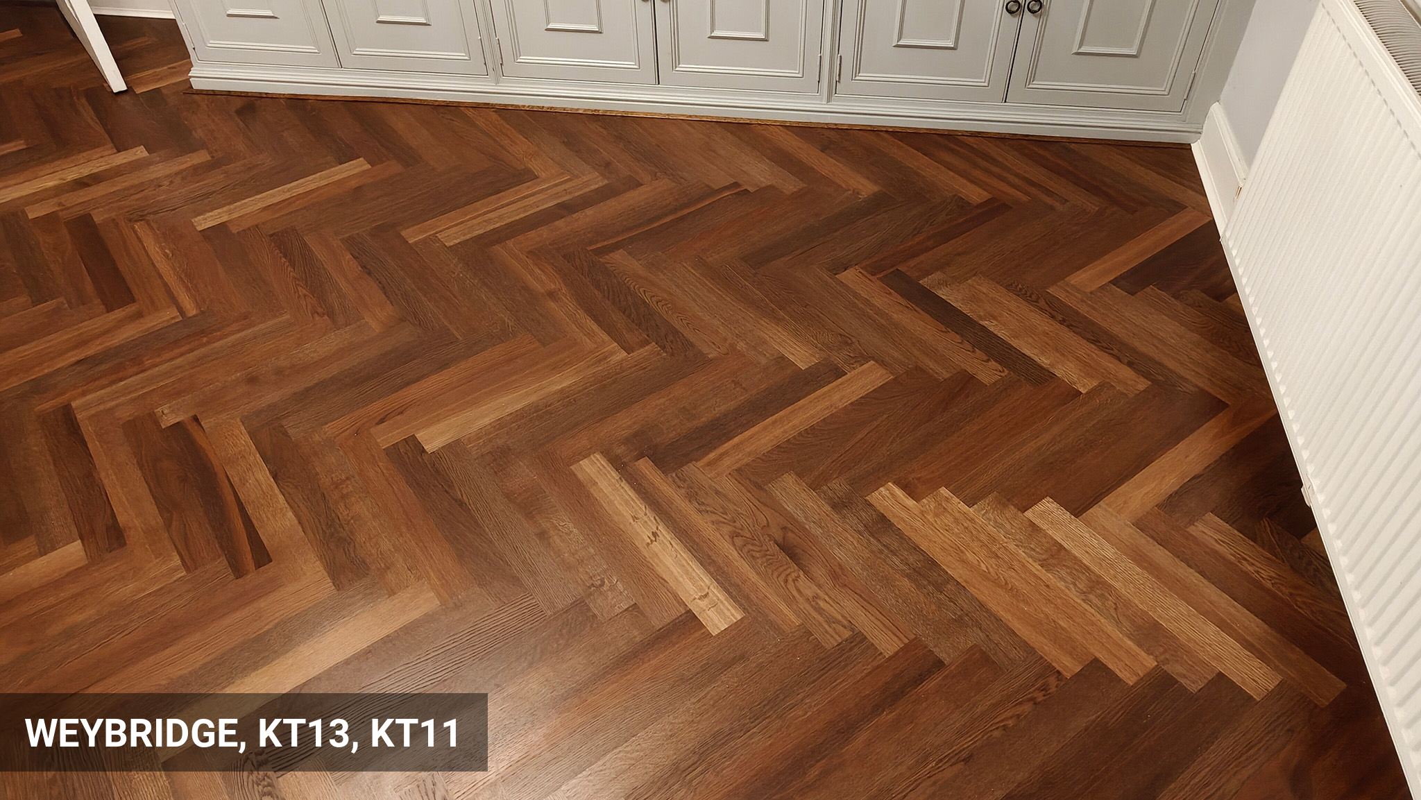 Smoked Oak Herringbone Parquet Flooring Installation in Weybridge
