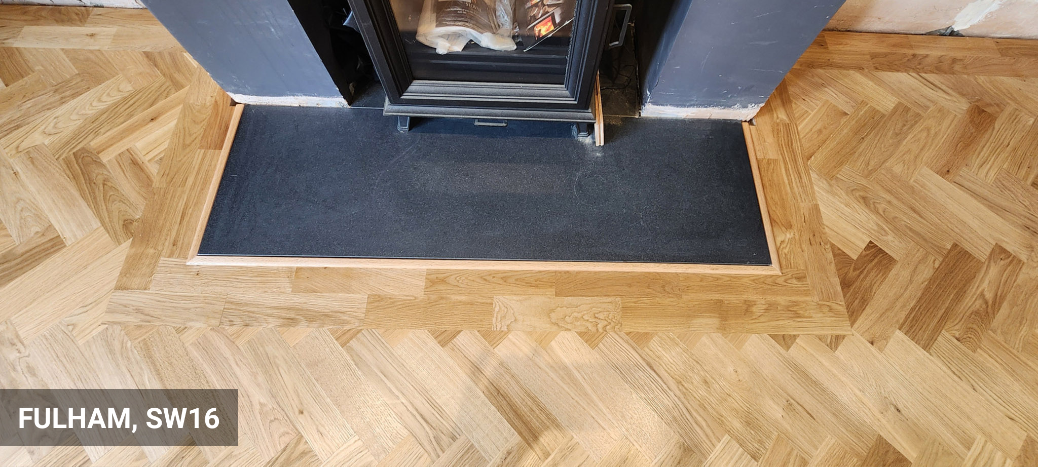 Oak Flooring Installation in Herringbone Pattern with Border in Fulham