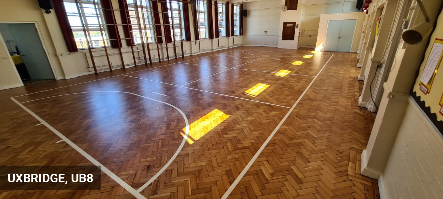 Parquet Flooring Restoration & Sport Lines Application at Oak Farm Primary in Uxbridge, UB8