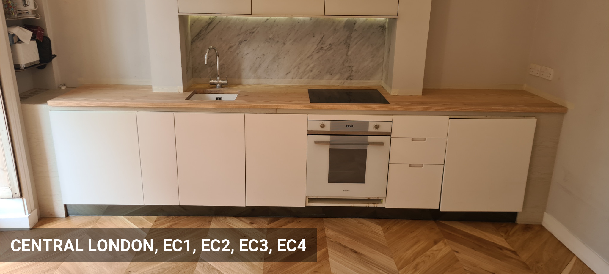 Oak Chevron Parquet Floor Sanding & Worktop Restoration in Central London, EC1, EC2, EC3, EC4